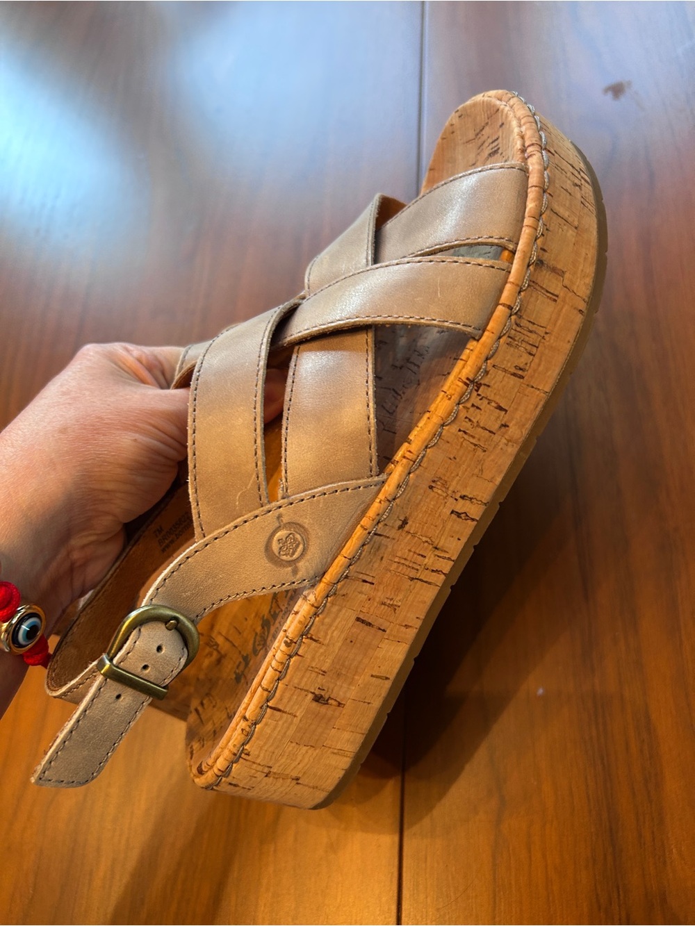 Born Women's size 7 Taupe Crisscross Cork Wedge Sandals - Picture 4 of 8